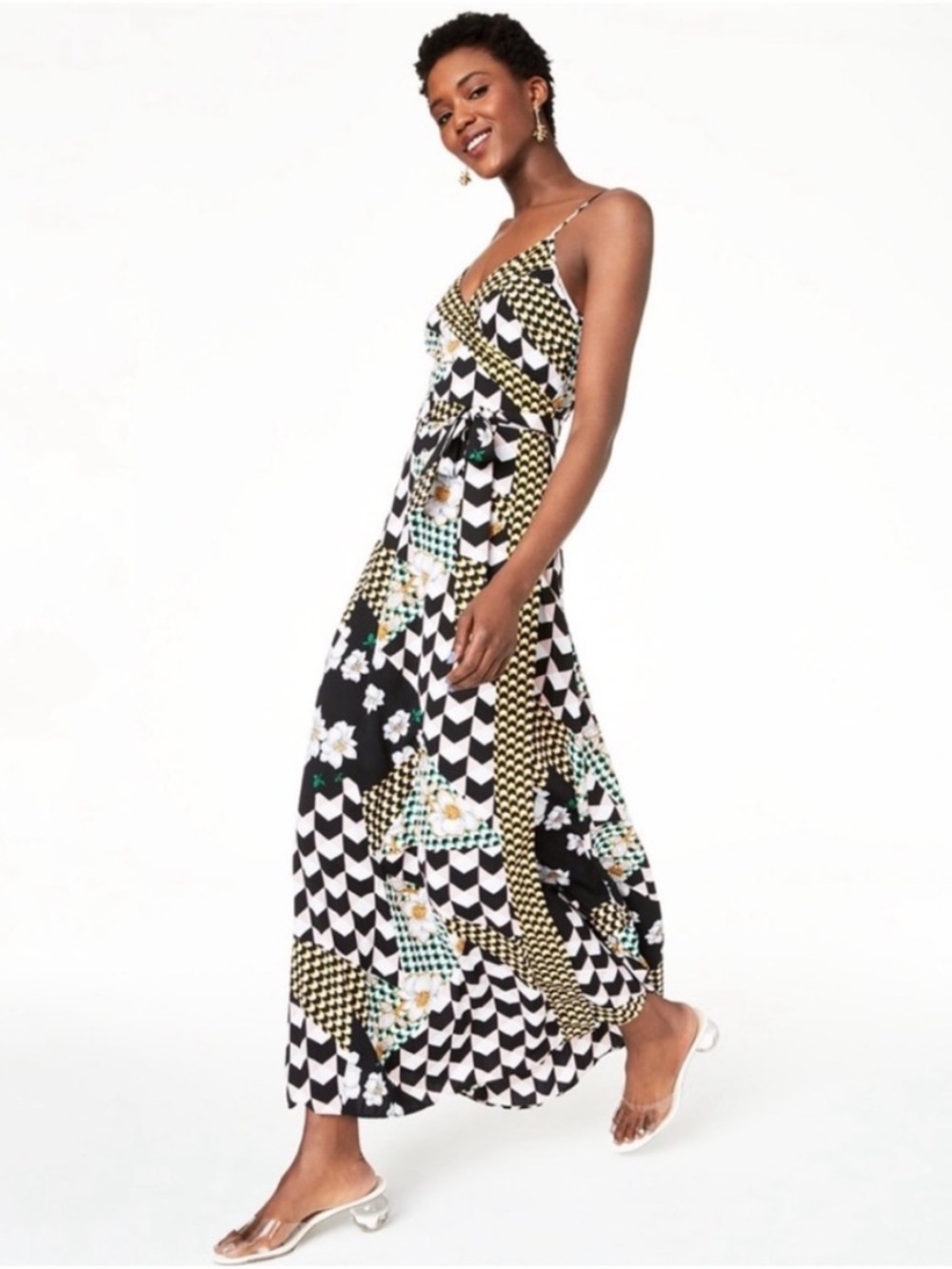 Bar III Maximalist Geometric Floral Spaghetti-Strap Wrap Maxi Dress